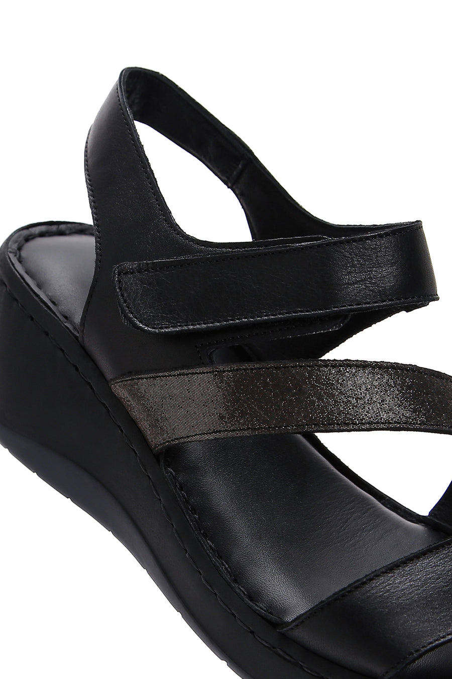 Women's Black Leather Wedge Heel Comfort Sandals