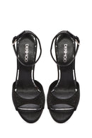 Women's Black Ankle Strap Stoned Leather Thin High Heel Shoes | Derimod