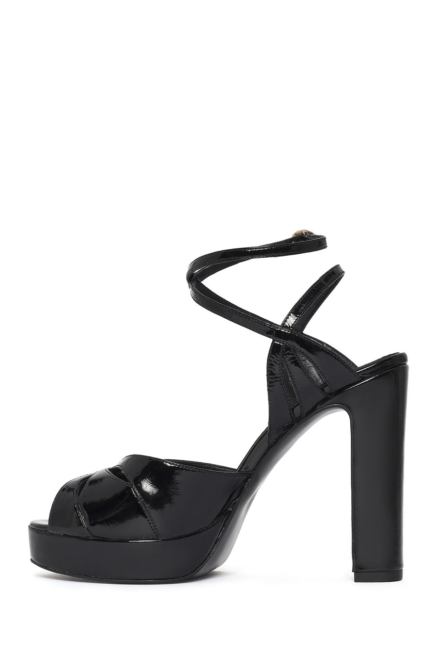 Women's Black Ankle Buckle Platform Thick High Heel Patent Leather Sandals