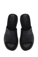 Women's Black Thick-Soled Printed Leather Comfort Slippers | Derimod