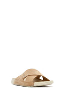 Women's Beige Strapped Nubuck Leather Comfort Slippers | Derimod