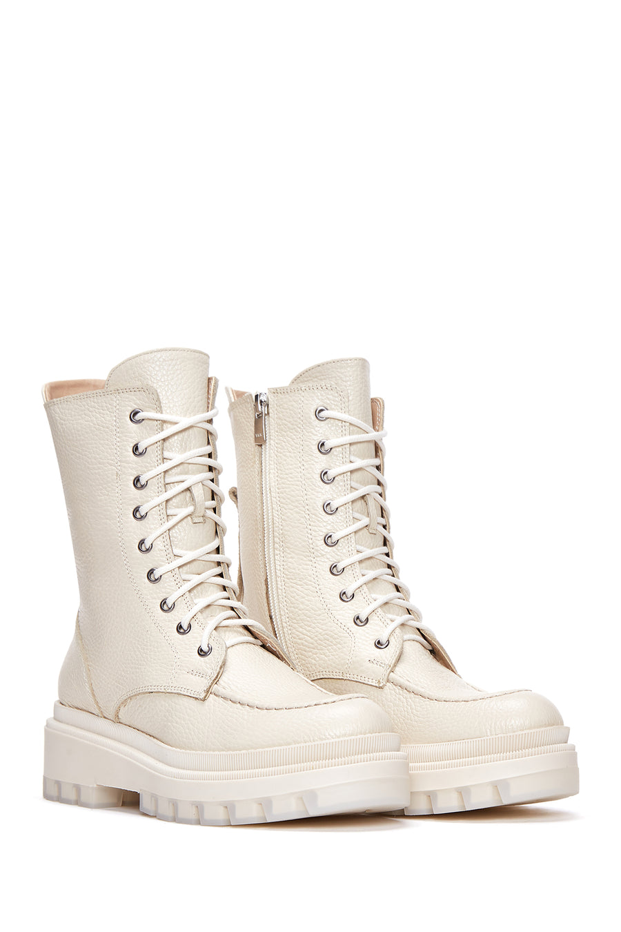 Women's Beige Zippered Leather Combat Boots