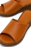 Woman Tan Wedge Heel Leather Comfort Slipper | Derimod