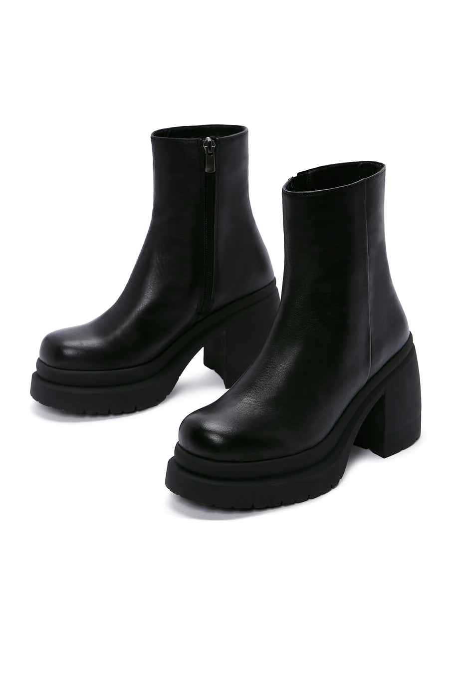 Women's Black Leather Platform Heeled Boots