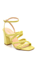 Women's Yellow Leather Braided Thick Heeled Sandals | Derimod