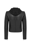 Smart Women's Black Hooded Biker Leather Jacket | Derimod