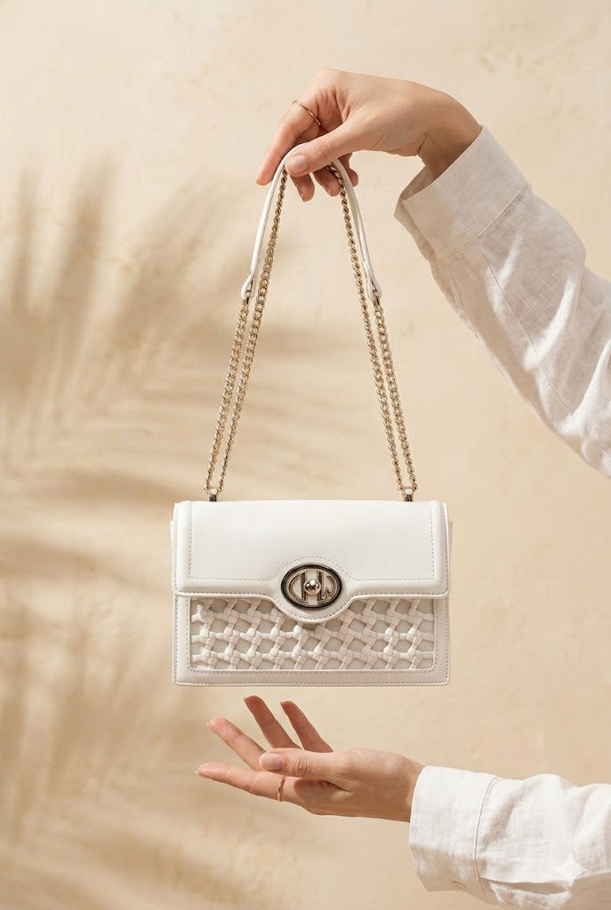 Woman White Chain Strap Braided Crossbody Bag