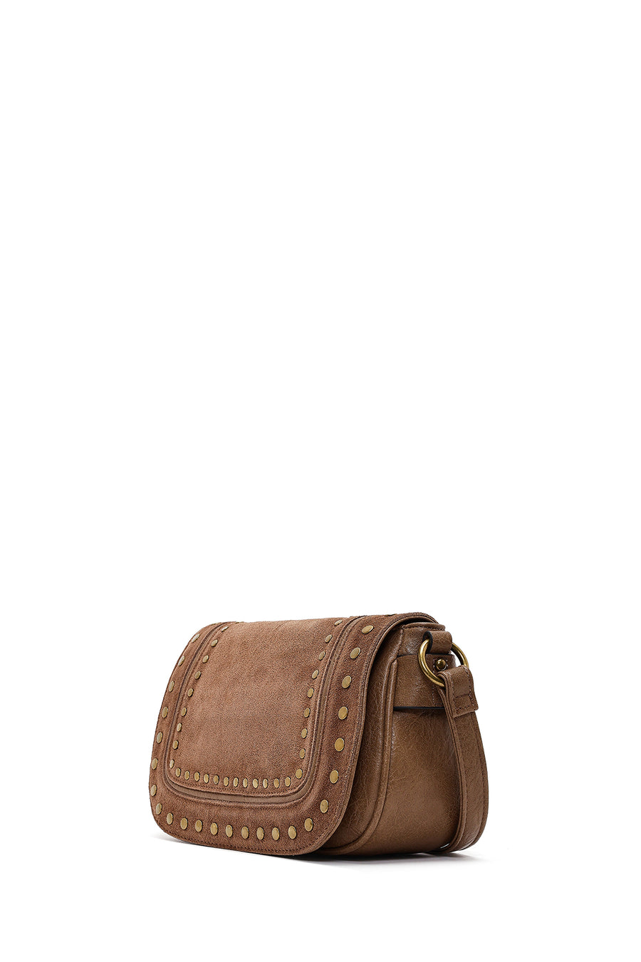 Woman Tan Long-Strap Studded Suede Crossbody Bag
