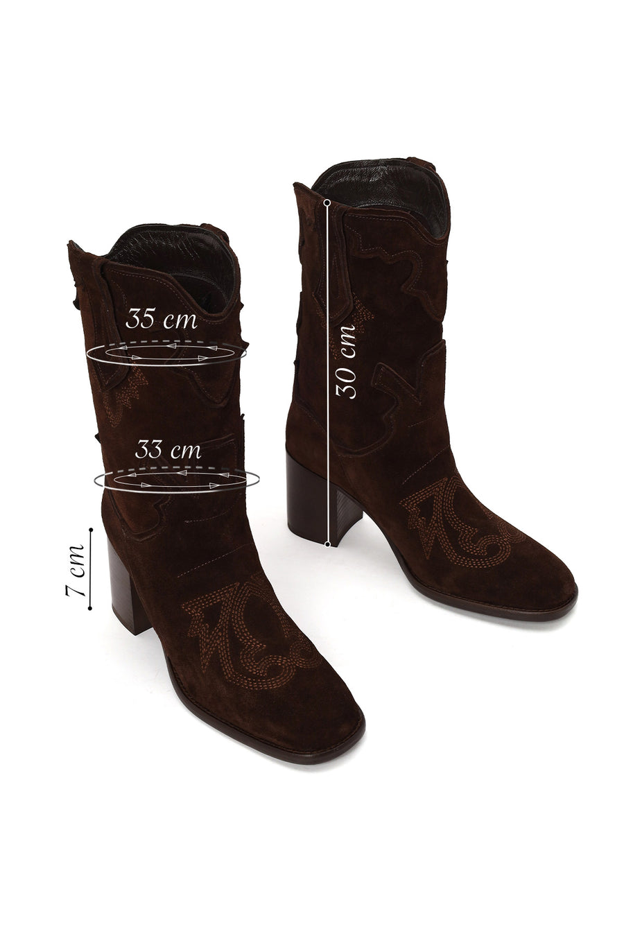 Woman Brown Thick-Heeled Patterned Suede Cowboy Boots