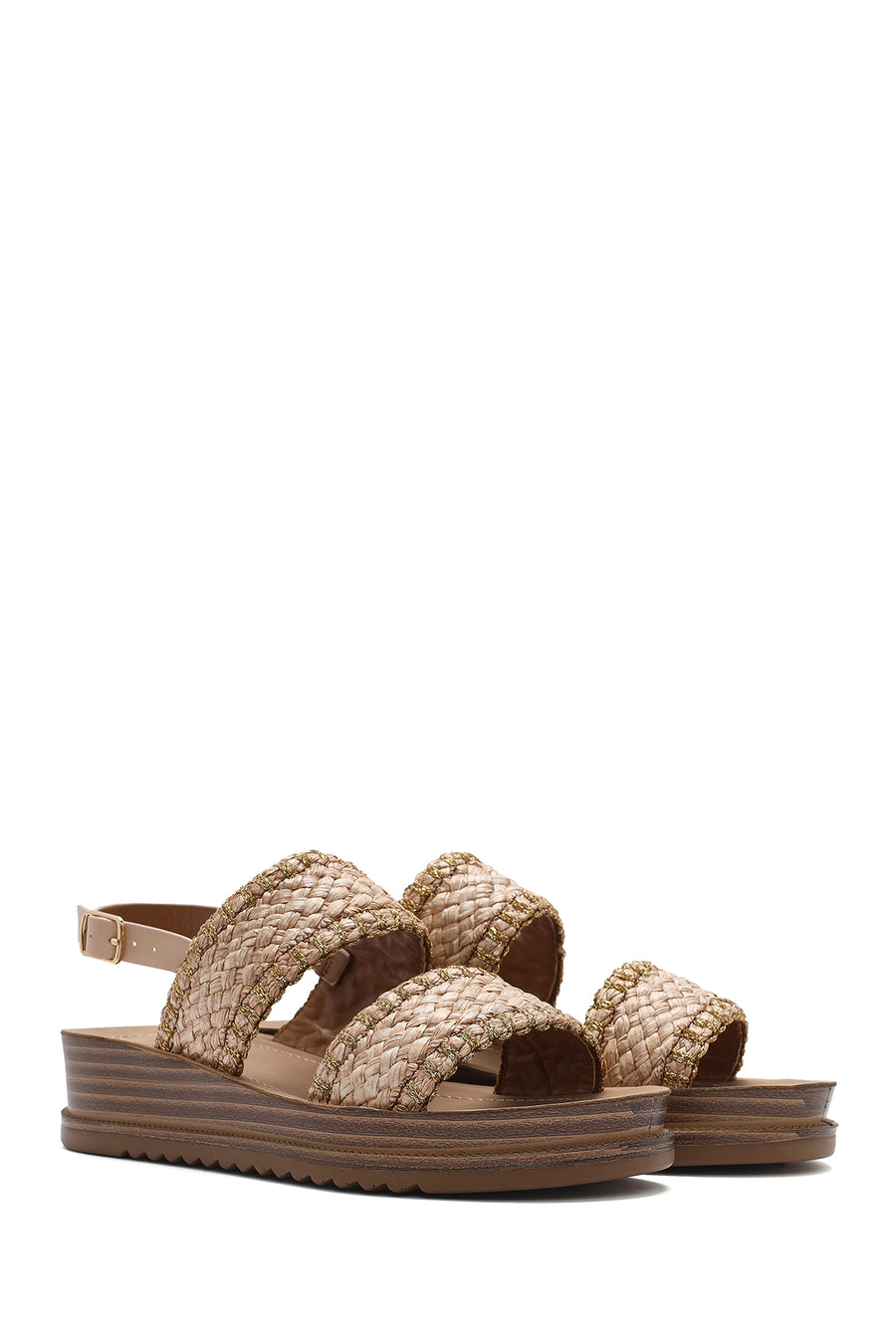 Women's Beige Ankle Buckle Thick Soled Straw Sandals