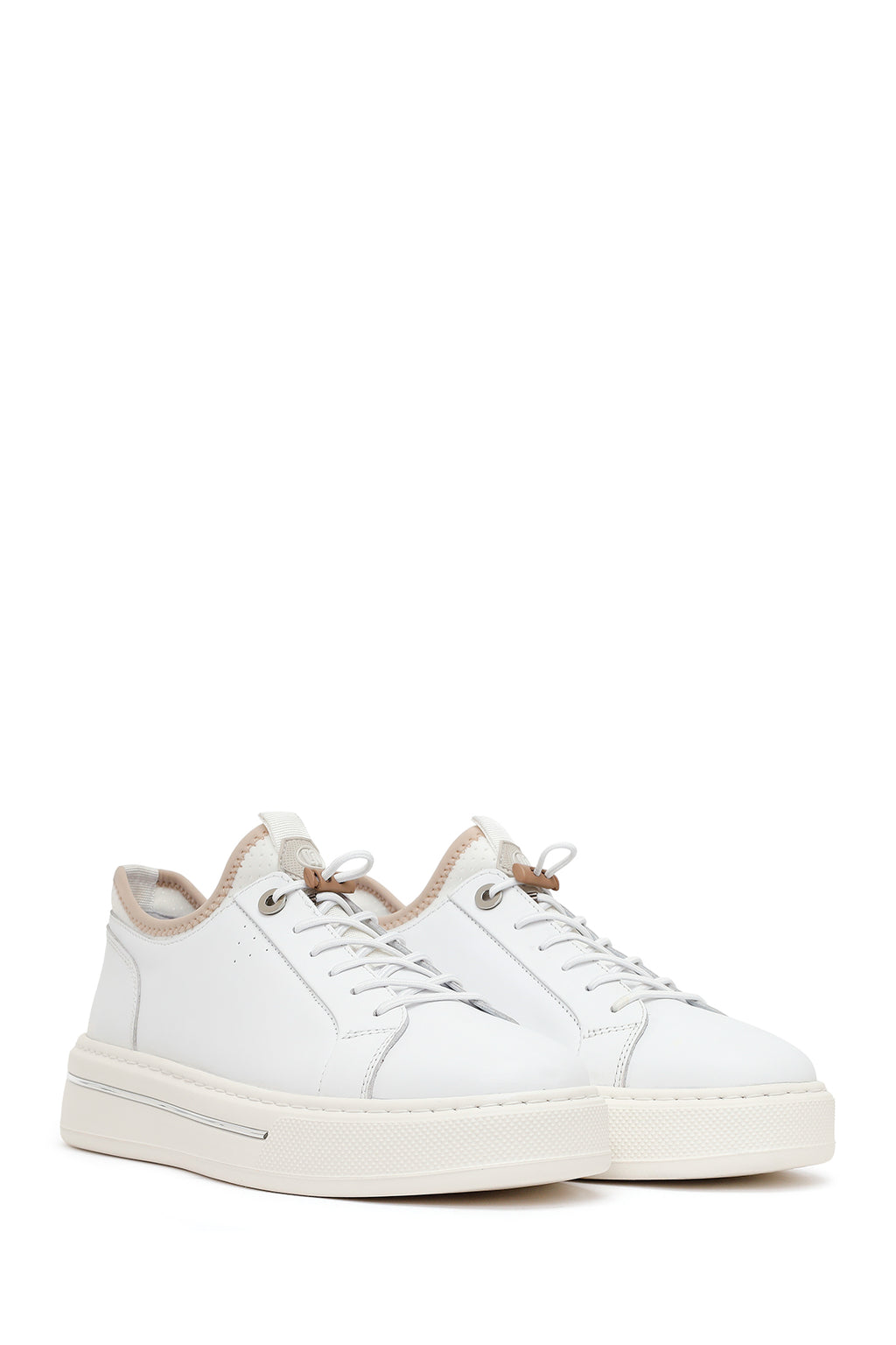 Erkek Beyaz Bağcıklı Kalın Tabanlı Deri Sneaker