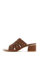 Women's Tan Knitted Thick Heeled Slippers | Derimod