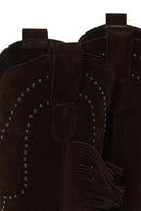 Woman Brown Tassel Chunky-Heeled Suede Leather Cowboy Boots | Derimod
