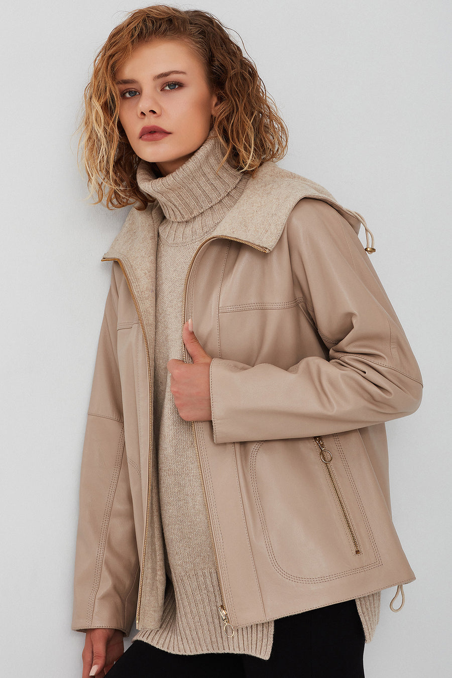Roma Women's Beige Hooded Double-Sided Oversize Leather Jacket
