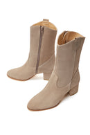 Women's Beige Suede Leather Heeled Cowboy Boots | Derimod