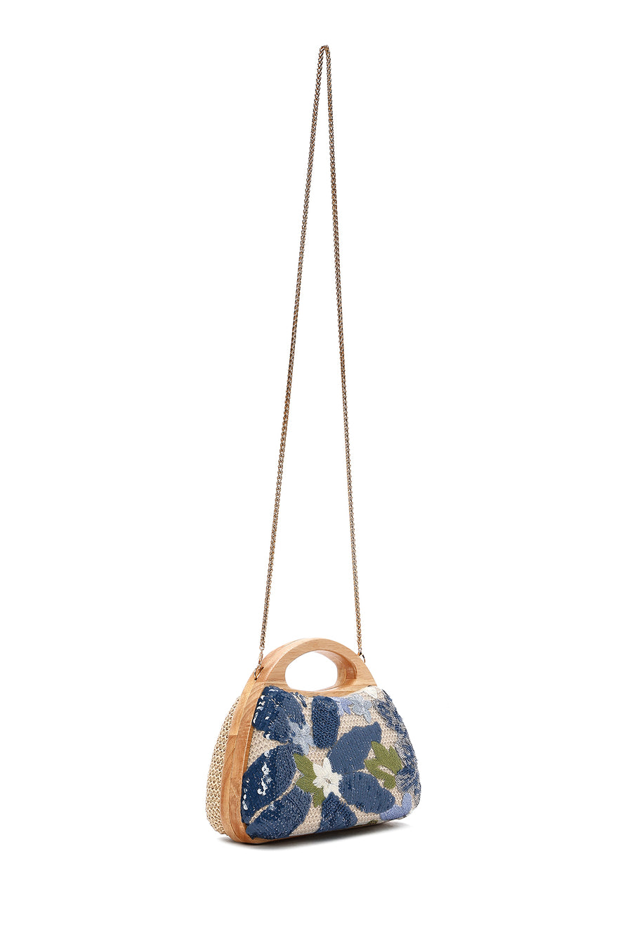 Women's Blue Long Strap Sequin Patterned Mini Box Clutch Bag