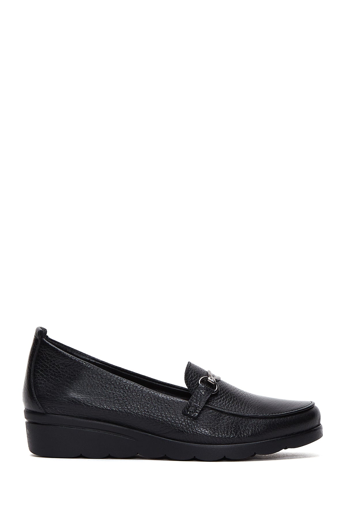 Women's Black Leather Wedge Heeled Loafer 22WFD4134FT | Derimod