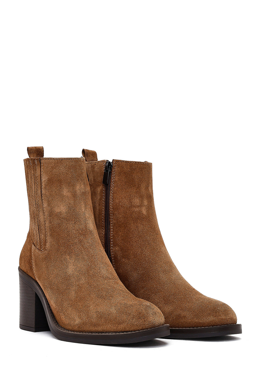 Women's Brown Zippered Thick Heel Suede Leather Boots