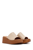 Woman Beige Thick Sole Leather Comfort Slippers | Derimod