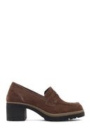 Women's Mink Thick Heeled Suede Leather Masculine Loafer | Derimod
