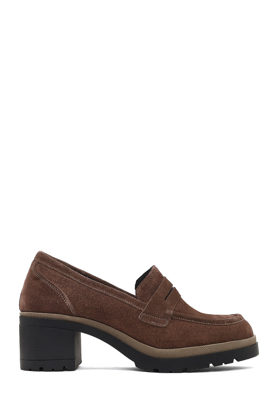Women's Mink Thick Heeled Suede Leather Masculine Loafer 25AFD340010 | Derimod