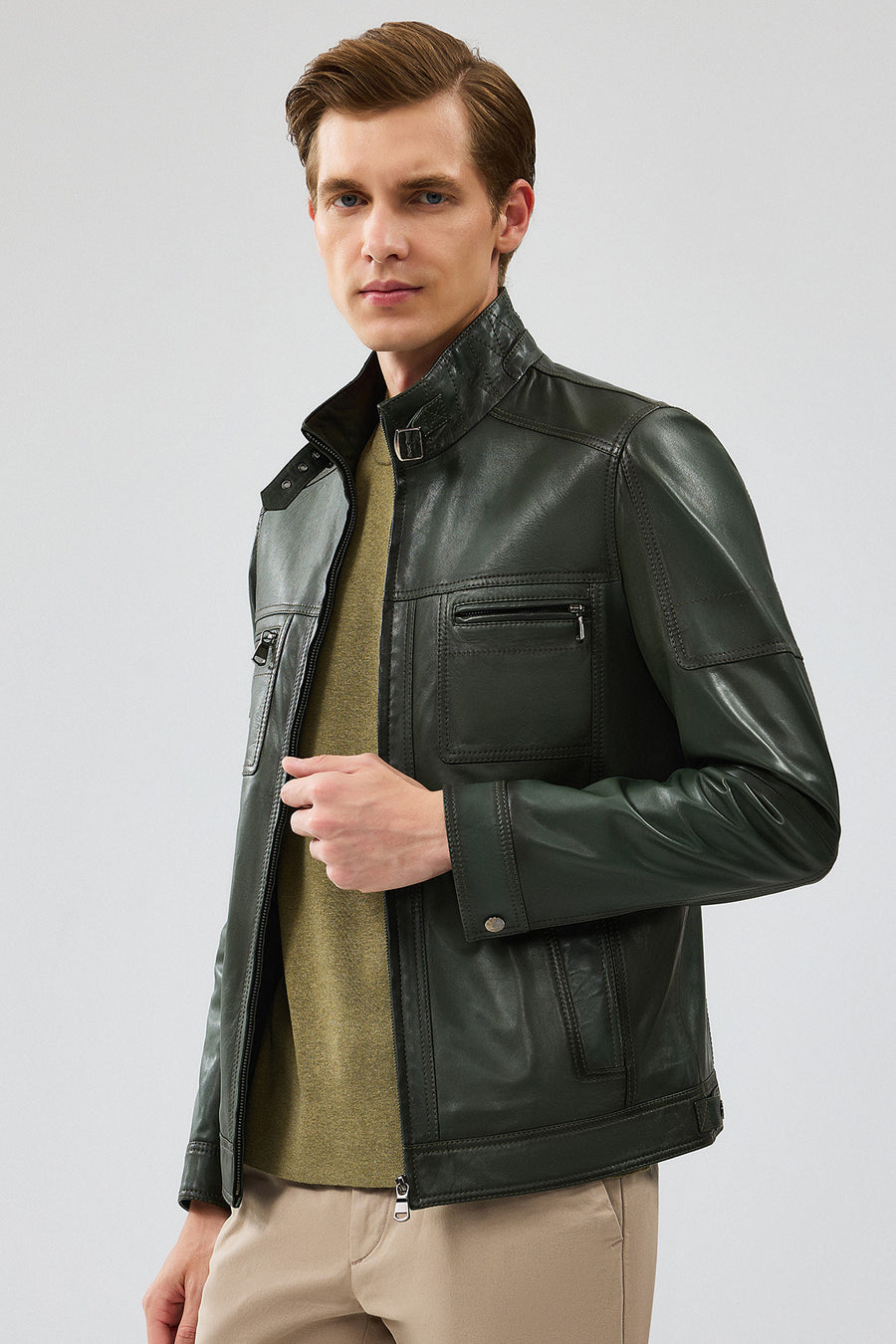 Wade Men's Khaki Slim-Fit Leather Coat