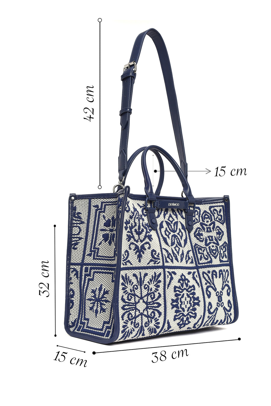 Woman Navy Patterned Fabric Long-Strap Shoulder Bag
