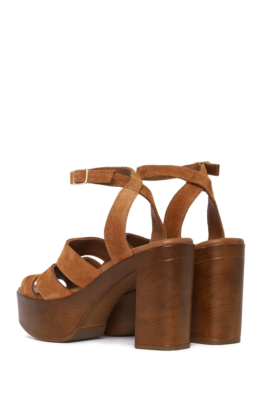 Women's Tan Ankle Buckle Thick High Heel Suede Leather Sandals