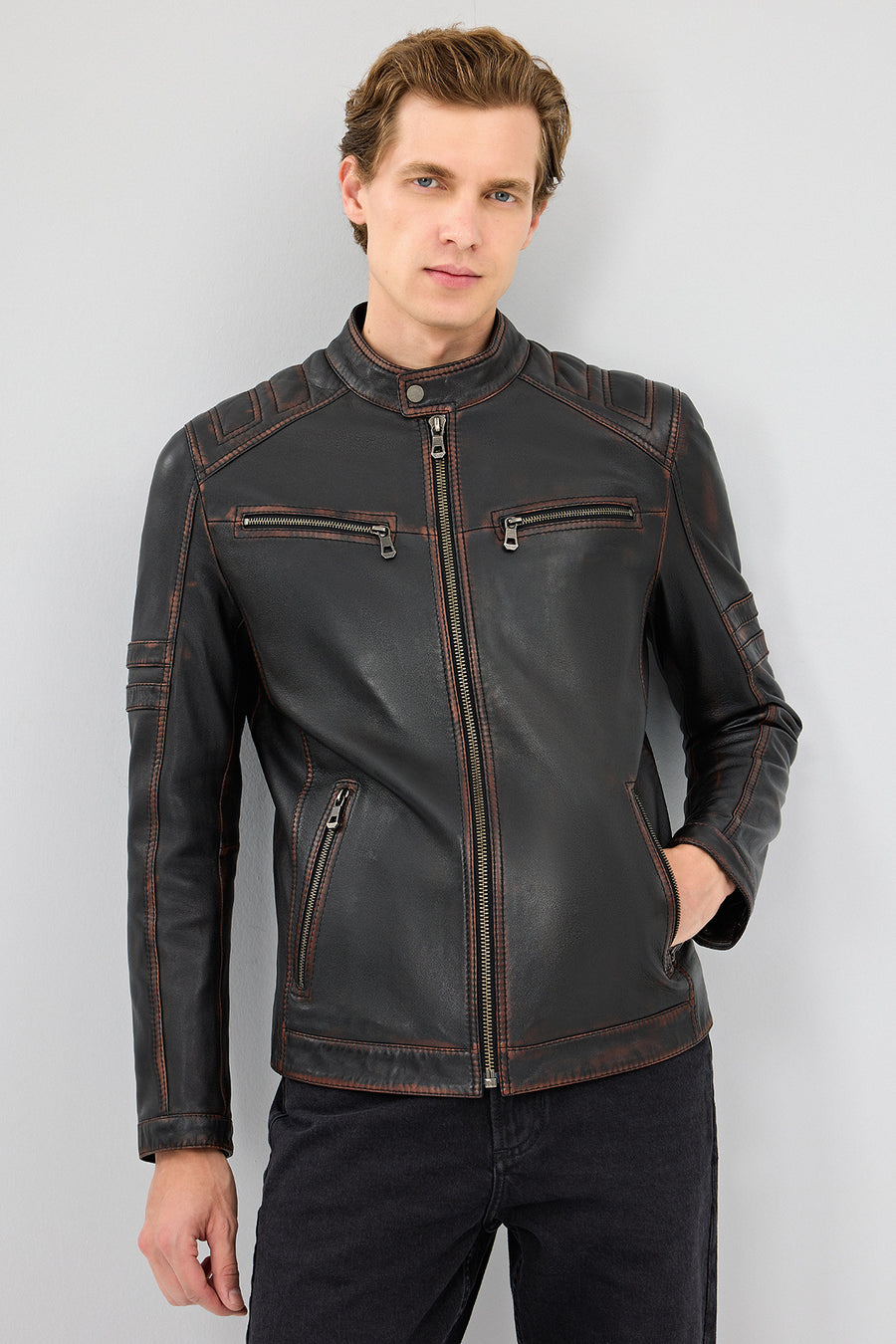 Leonard Men's Brown Vintage Slim-Fit Leather Jacket 25WGF6582VD | Derimod