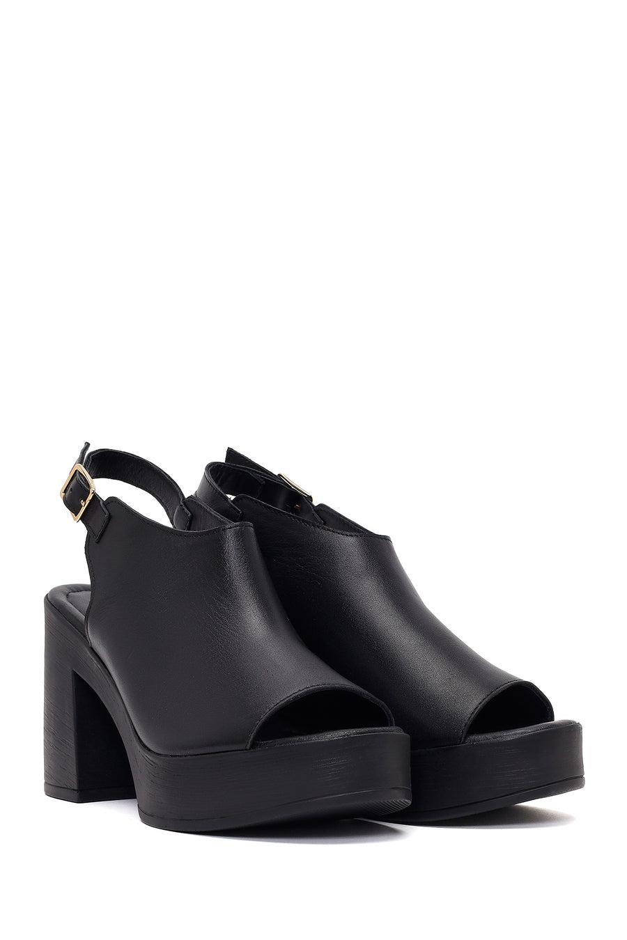 Women's Black Ankle Buckle Platform High Thick Heel Leather Sandals