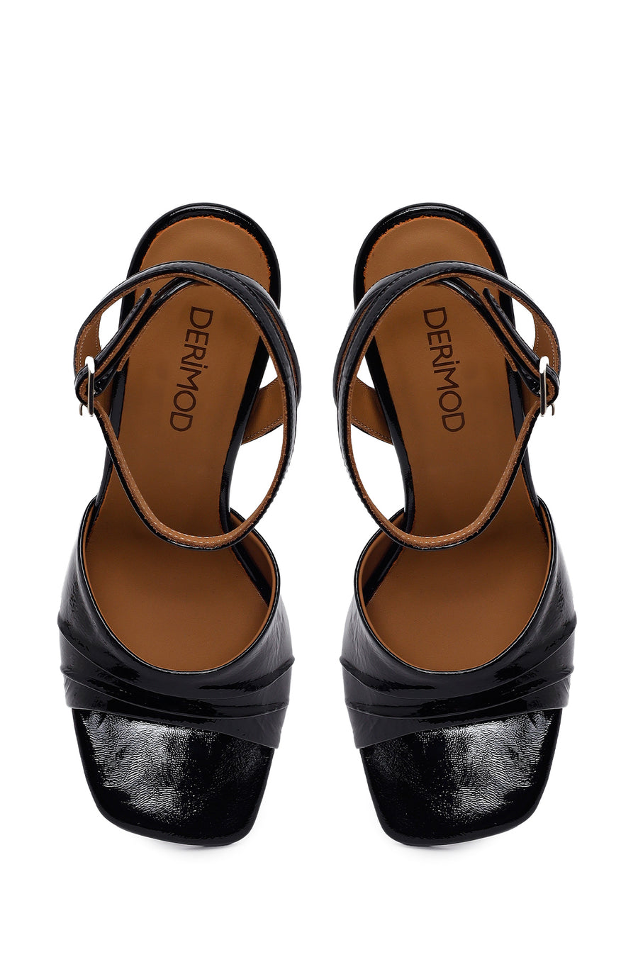 Woman Black Ankle-Strap Buckle Thick-Heel Leather Sandal