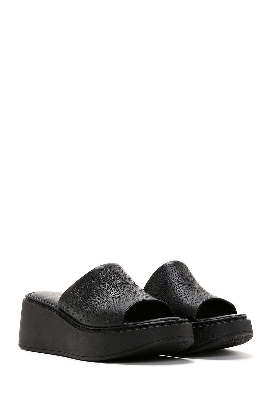 Women's Black Wedge Heeled Leather Comfort Slippers