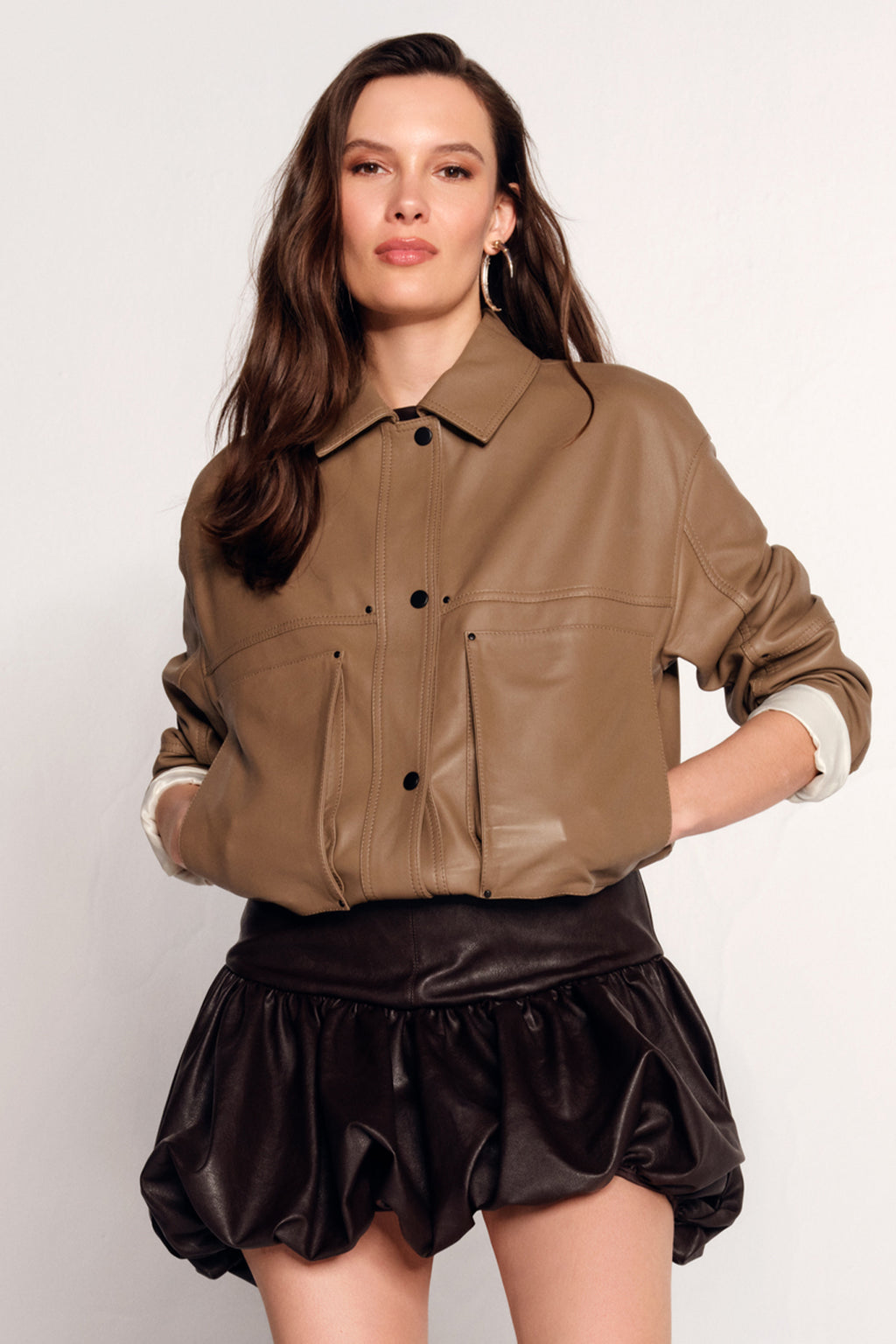 Madlen Kadın Kahverengi Oversize Deri Ceket