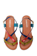 Women's Multicolored Leather Flip Flops Flat Bodrum Sandals | Derimod