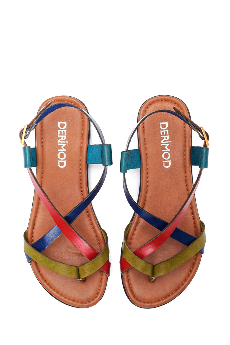 Women's Multicolored Leather Flip Flops Flat Bodrum Sandals