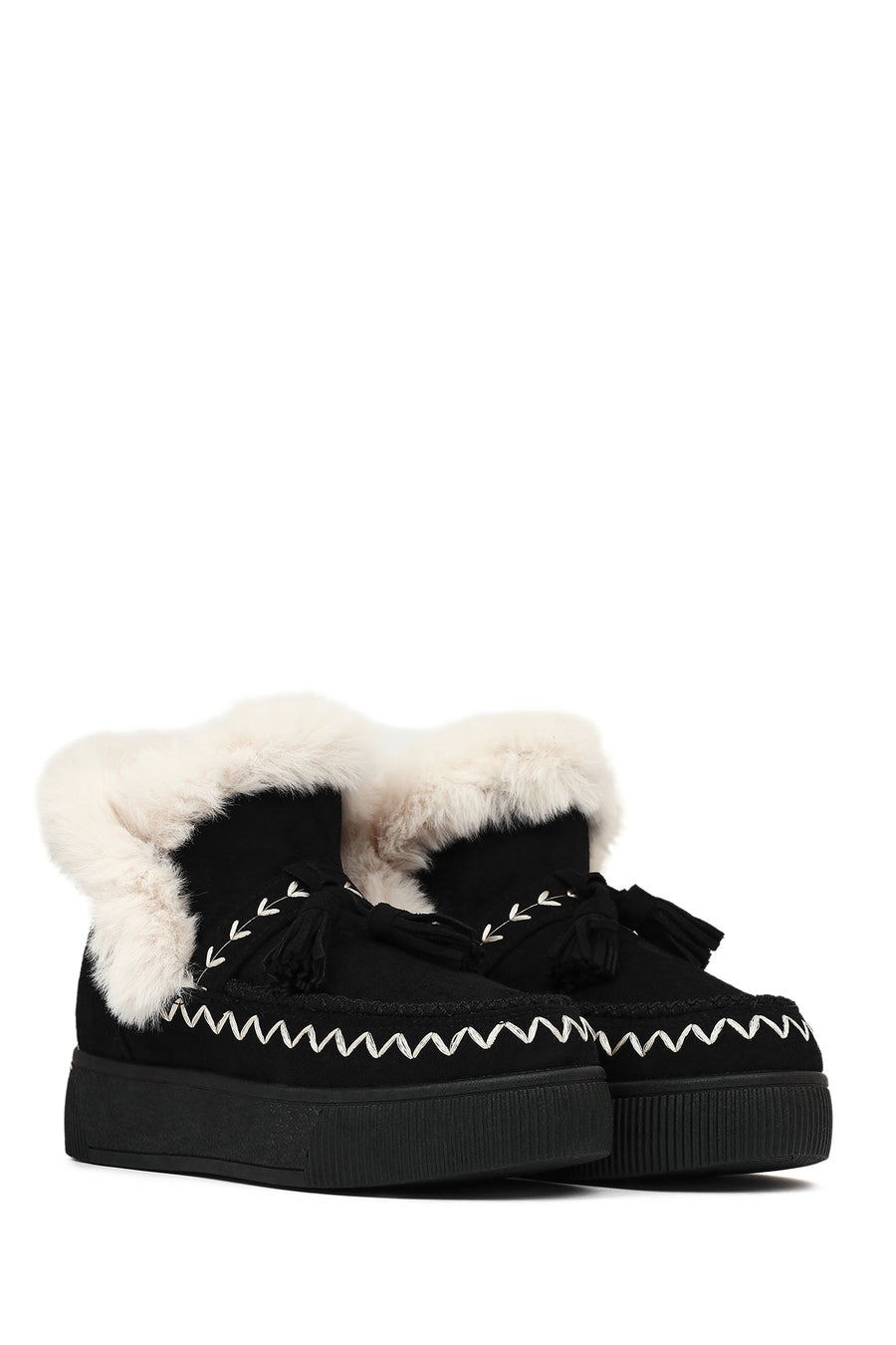 Women's Black Chunky Sole Tassel Suede Teddy Boots