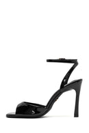 Women's Black Ankle Buckle High Thin Heel Patent Leather Sandals | Derimod