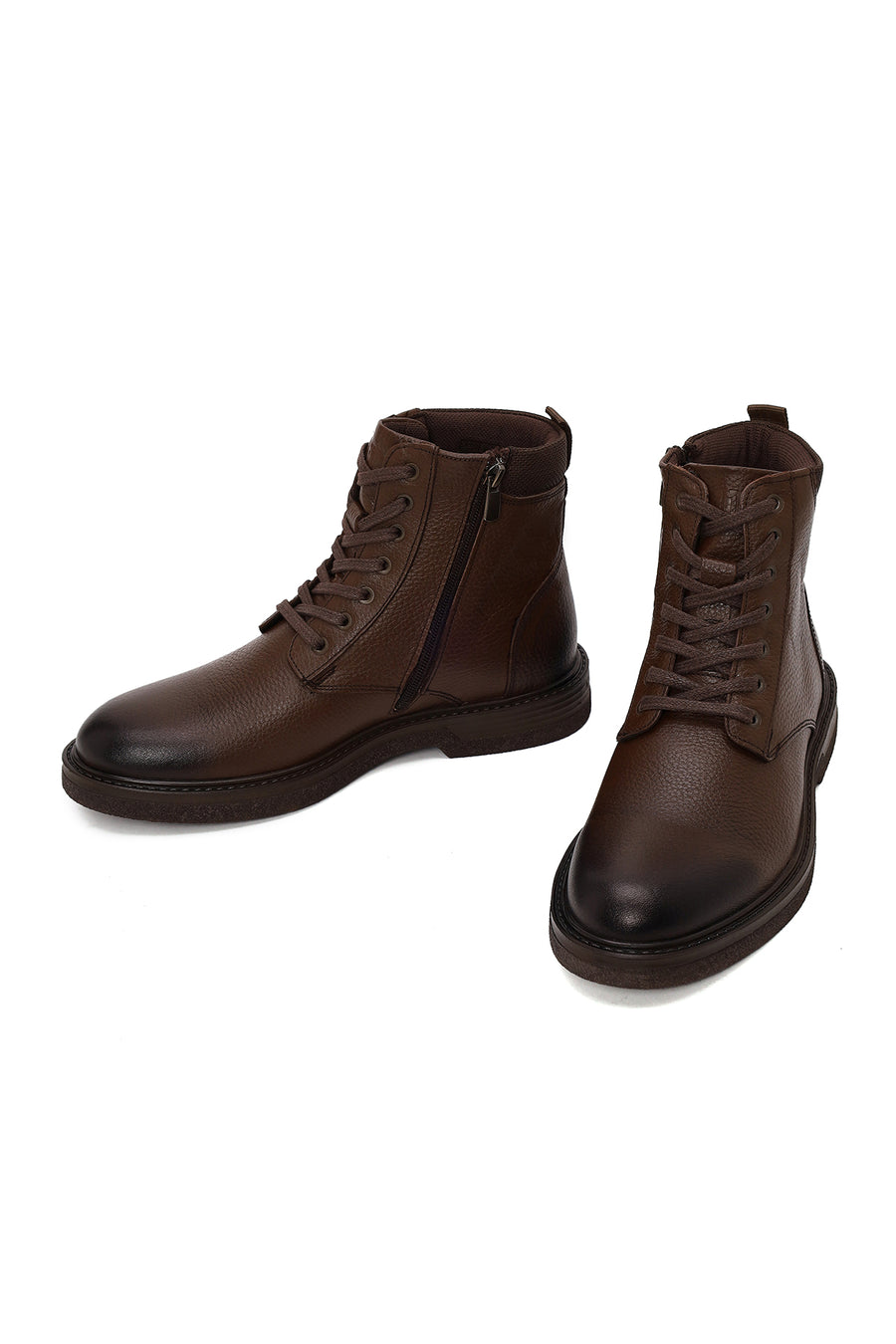Male Brown Lace-up Zip Closure Leather Boots