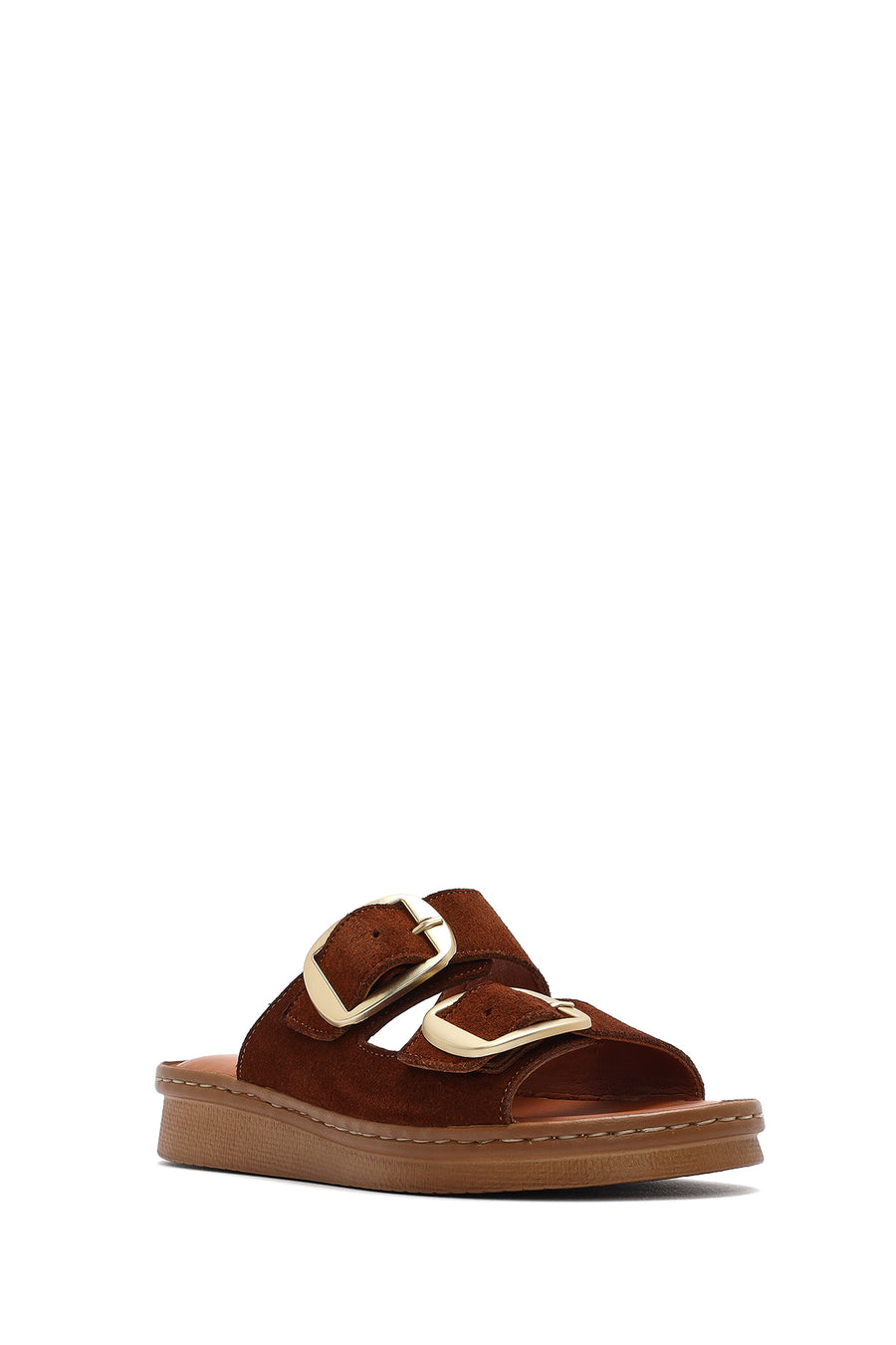 Woman Tan Buckled Suede Leather Comfort Slippers