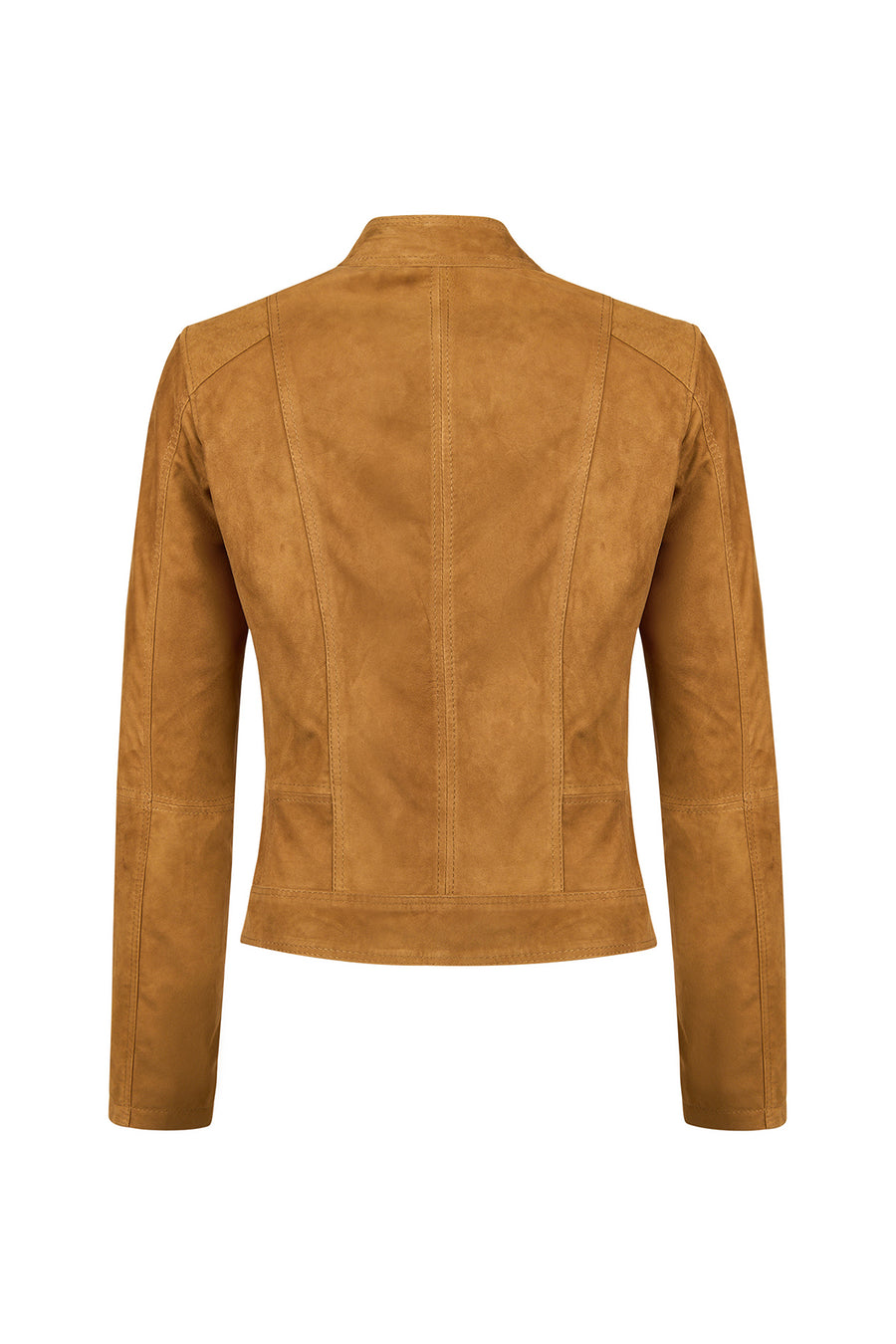 Kylie Woman Camel Mandarin Collar Short Suede Leather Jacket