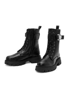 Women's Black Lace-Up Zipper Detailed Leather Combat Boots | Derimod