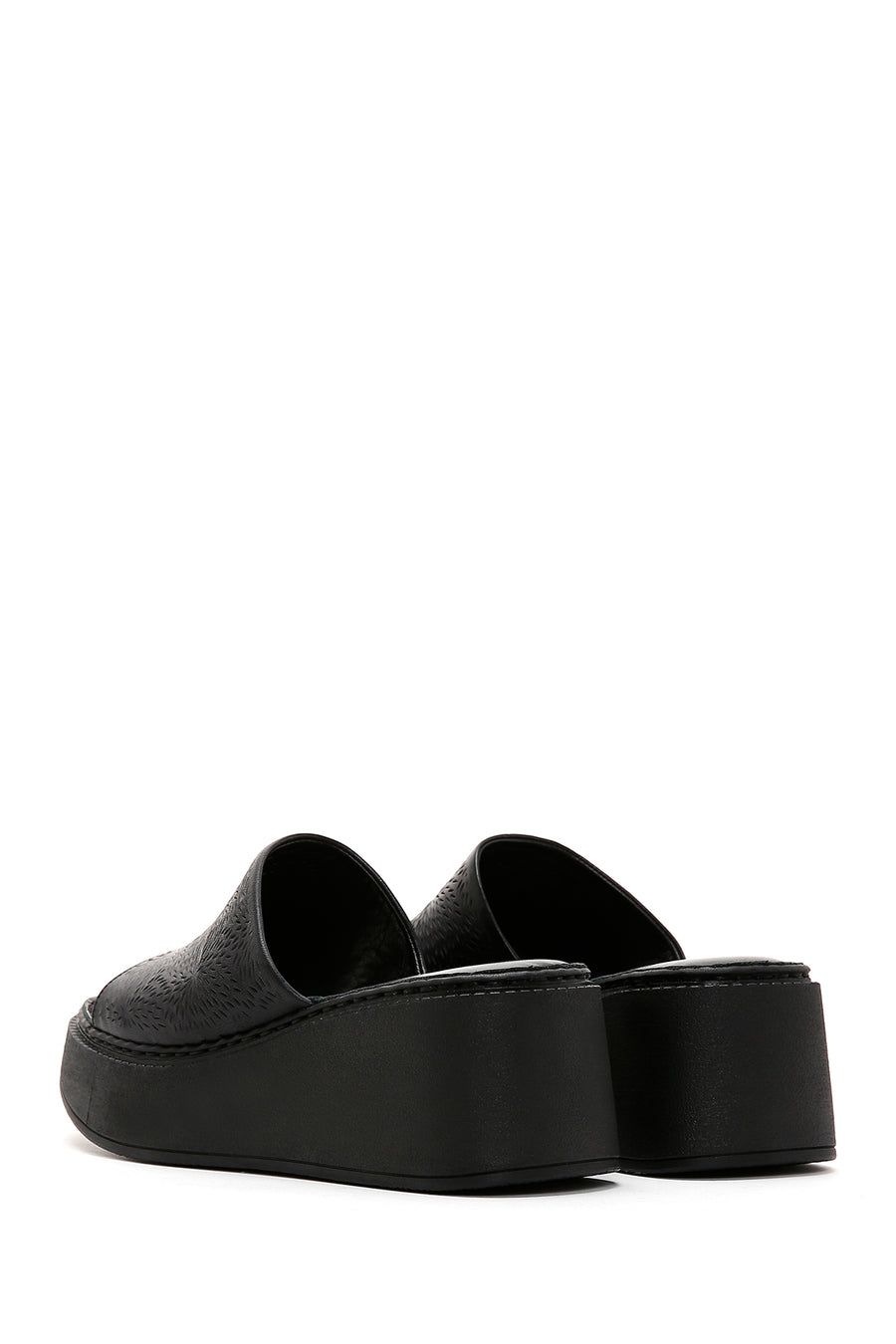 Women's Black Wedge Heeled Leather Comfort Slippers