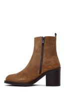 Women's Brown Zippered Thick Heel Suede Leather Boots | Derimod