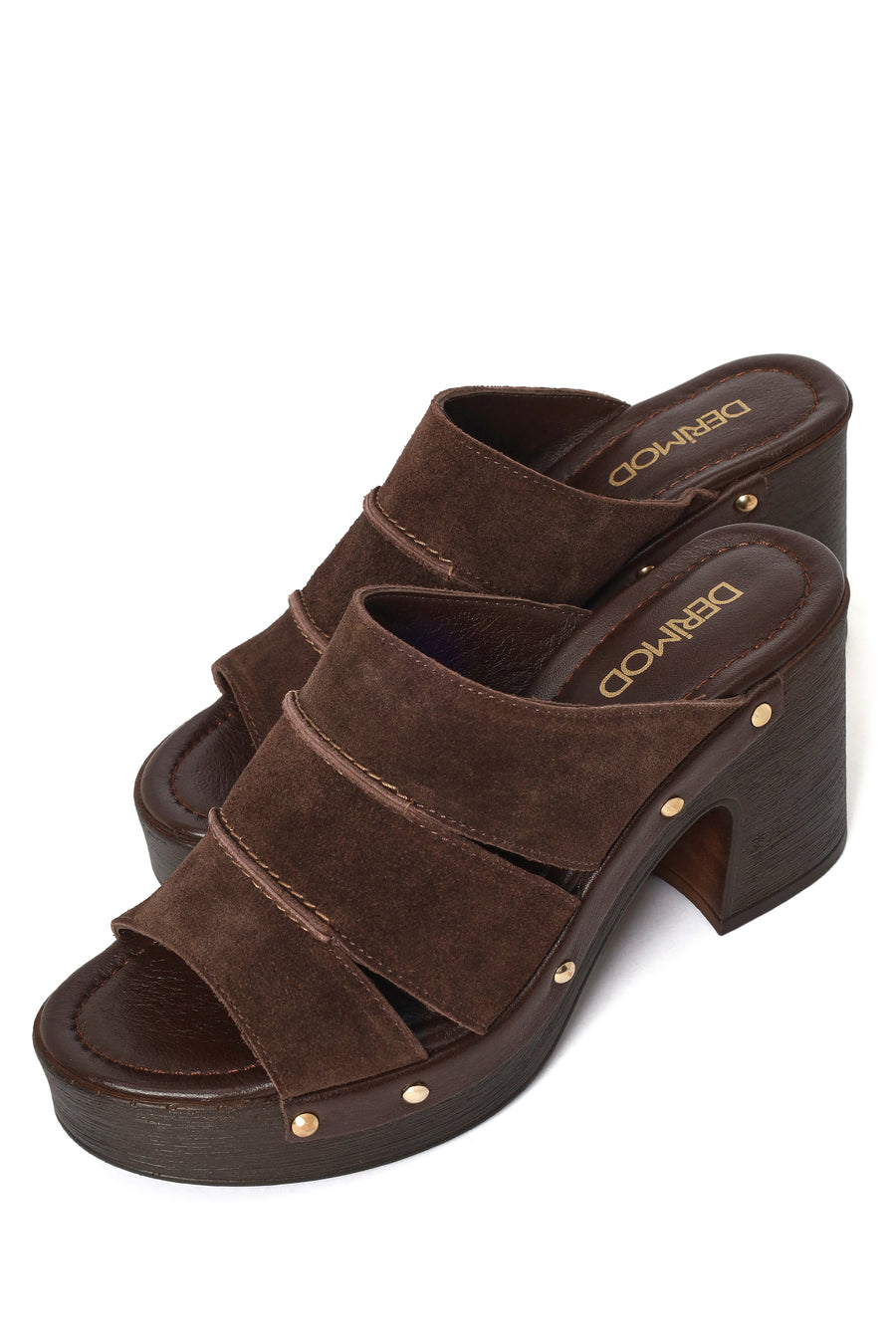 Woman Brown Chunky-Heeled Suede Leather Slippers