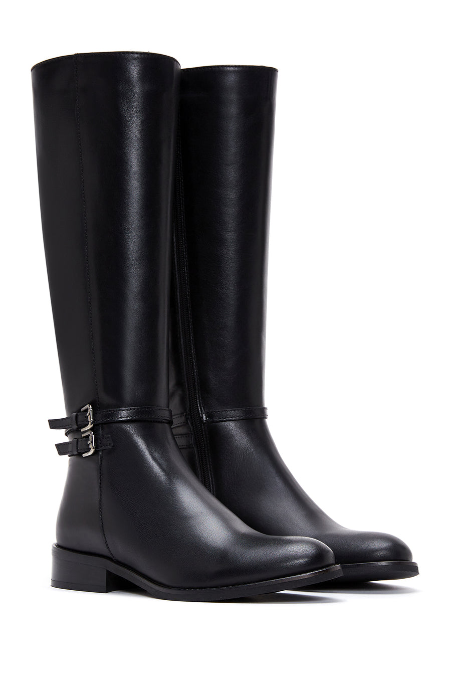 Women's Black Zippered Buckle Detailed Leather Boots