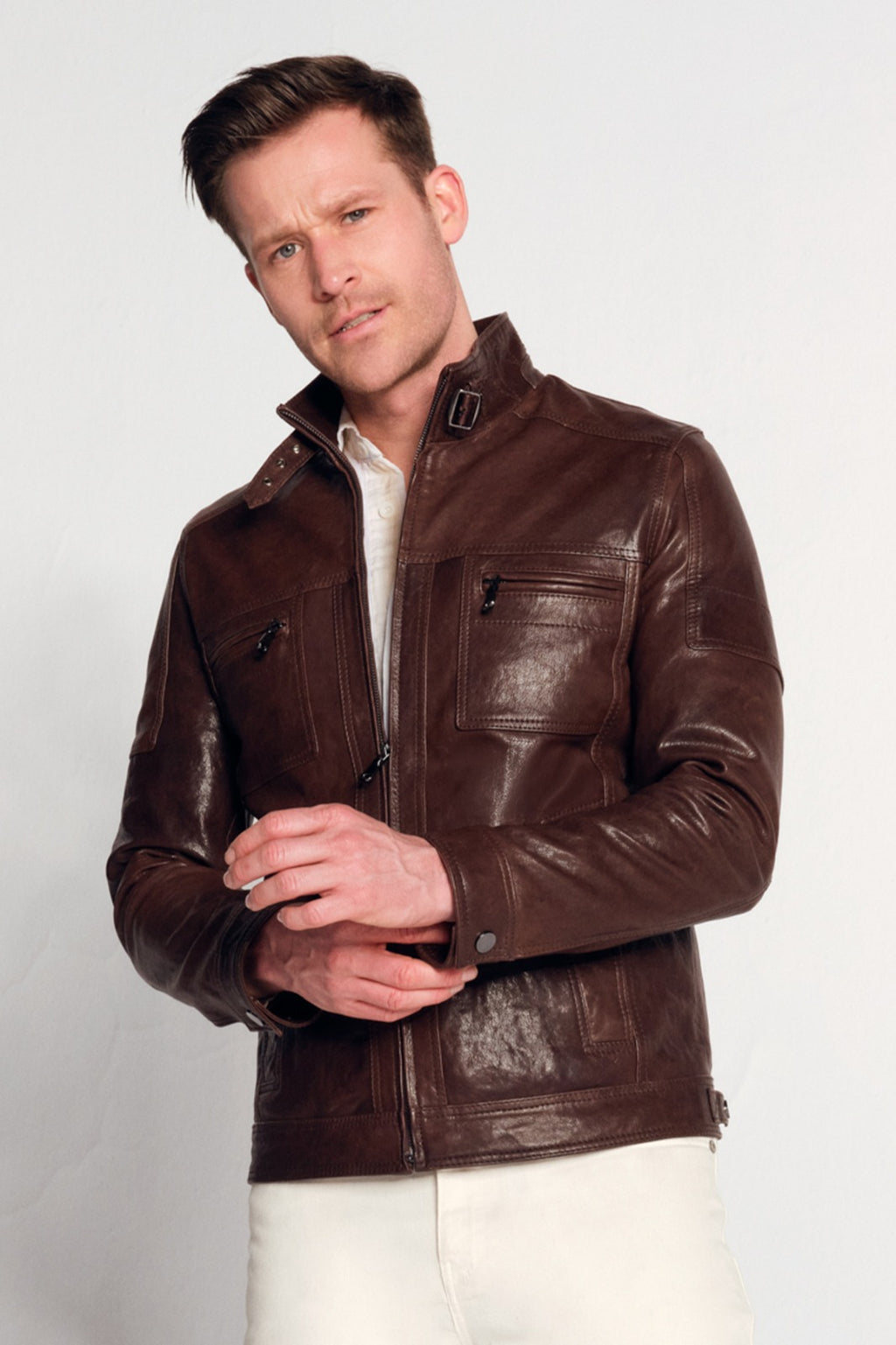 Wade Erkek Kahverengi Slim-Fit Deri Ceket