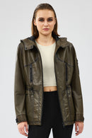 Jessica Women's Khaki Hooded Leather Jacket | Derimod