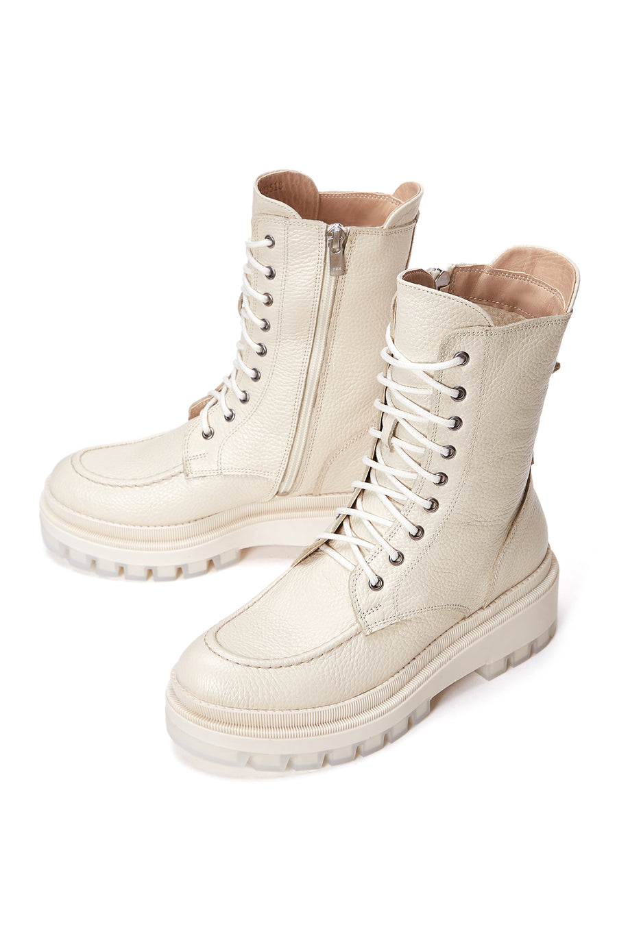 Women's Beige Zippered Leather Combat Boots