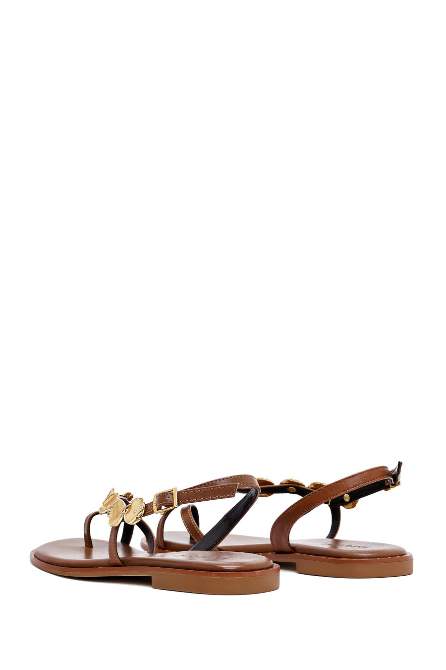 Women's Brown Metal Detailed Flip-Flop Leather Sandals