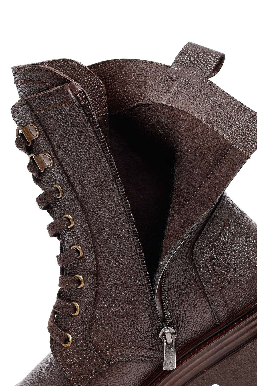 Woman Brown Zip Closure Lace-Up Leather Combat Boots